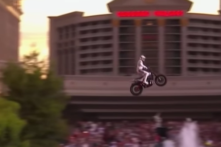 Travis Pastrana jumps the fountains at Caesars Palace on Sunday. (HISTORY/YouTube)