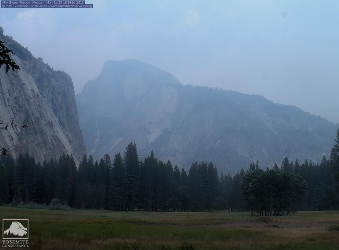 Iconic landmarks in Yosemite National Park are nearly obscured by smoke from the Ferguson Fire (Yosemite Conservancy webcam)