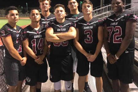 Members of the MS Douglas Football team pose before their first practice on July 30. (via @MSDEagles on Twitter.)