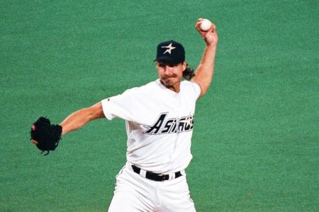 Randy Johnson of the Houston Astros during the game against the Philadelphia Phillies on August 7, 1998 at the Astrodome in Houston, Texas. (Photo by Sporting News via Getty Images)
