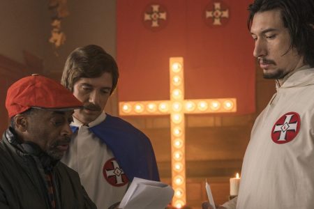 (l-r.) Director Spike Lee, actors Topher Grace and Adam Driver on the set of Spike Lee’s "BlacKkKlansman."
(David Lee / Focus Features)