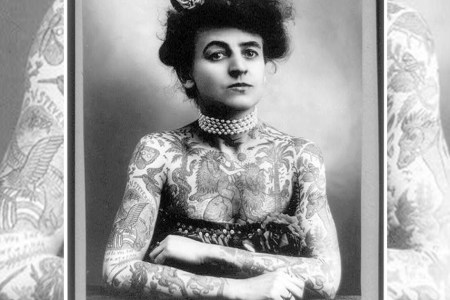Mrs. M. Stevens Wagner, half length portrait, facing slightly right, arms and chest covered with tattoos (Library of Congress)