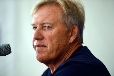 ENGLEWOOD, CO - JULY 27: John Elway President of Football Operations/General Manager speaks during the Broncos annual media BBQ at the training facility July 27, 2018 in Englewood, Colorado. (Photo by Joe Amon/The Denver Post via Getty Images)