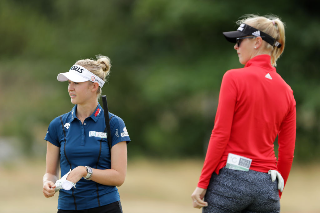 LYTHAM ST ANNES, ENGLAND - AUGUST 01:  Jessica Korda of the United States and Nelly Korda of the United States looks on during a pro-am round ahead of the Ricoh Women's British Open at Royal Lytham & St. Annes on August 1, 2018 in Lytham St Annes, England.  (Photo by Richard Heathcote/Getty Images)