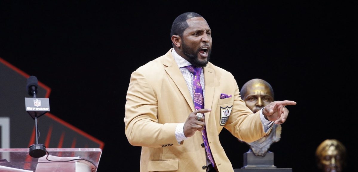 Ray Lewis speaks during the 2018 NFL Hall of Fame Enshrinement Ceremony at Tom Benson Hall of Fame Stadium on August 4, 2018 in Canton, Ohio. (Photo by Joe Robbins/Getty Images)