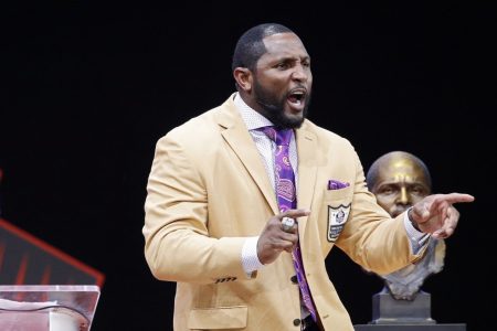 Ray Lewis speaks during the 2018 NFL Hall of Fame Enshrinement Ceremony at Tom Benson Hall of Fame Stadium on August 4, 2018 in Canton, Ohio. (Photo by Joe Robbins/Getty Images)