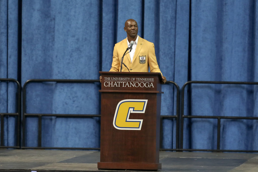 CHATTANOOGA, TN - AUGUST 04: Instead of going to Canton, Ohio for the NFL Pro Football Hall of Fame Enshrinement Ceremony, Terrell Owens delivers his induction speech at the University of Tennessee at Chattanooga, his alma mater on Aug. 4, 2018 at McKenzie Arena in Chattanooga, Tennessee (Photo by Frank Mattia/Icon Sportswire via Getty Images)
