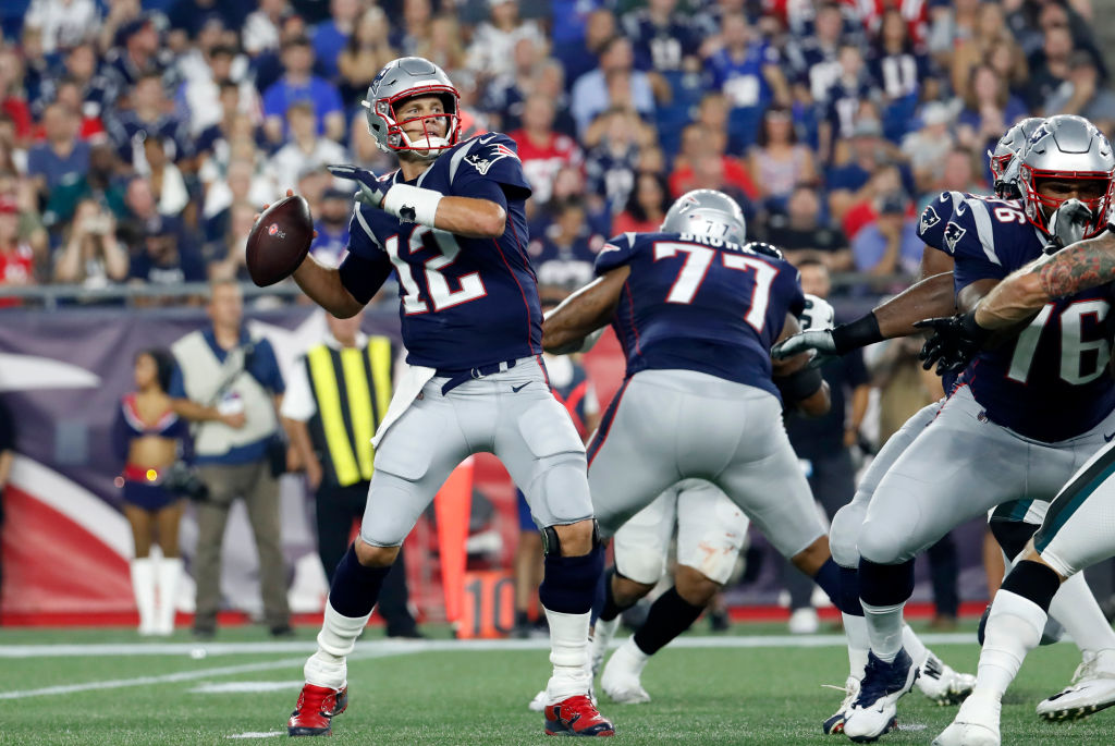FOXBOROUGH, MA - AUGUST 16: New England Patriots quarterback Tom Brady (12) rears back to pass during a preseason NFL game between the New England Patriots and the Philadelphia Eagles on August 16, 2018, at Gillette Stadium in Foxborough, Massachusetts. The Patriots defeated the Eagles 37-20. (Photo by Fred Kfoury III/Icon Sportswire via Getty Images)