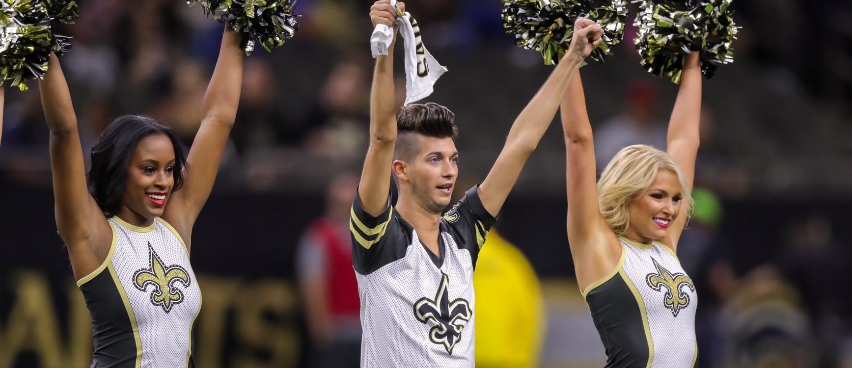 New Orleans Saints Saintsation first male Saintsation Jesse Hernandez in an NFL preseason football game between the New Orleans Saints and the Arizona Cardinals on August 17, 2018 at the Mercedes-Benz Superdome in New Orleans, LA.  (Photo by Stephen Lew/Icon Sportswire via Getty Images)