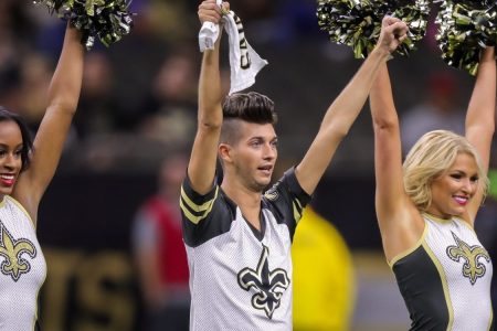 New Orleans Saints Saintsation first male Saintsation Jesse Hernandez in an NFL preseason football game between the New Orleans Saints and the Arizona Cardinals on August 17, 2018 at the Mercedes-Benz Superdome in New Orleans, LA.  (Photo by Stephen Lew/Icon Sportswire via Getty Images)