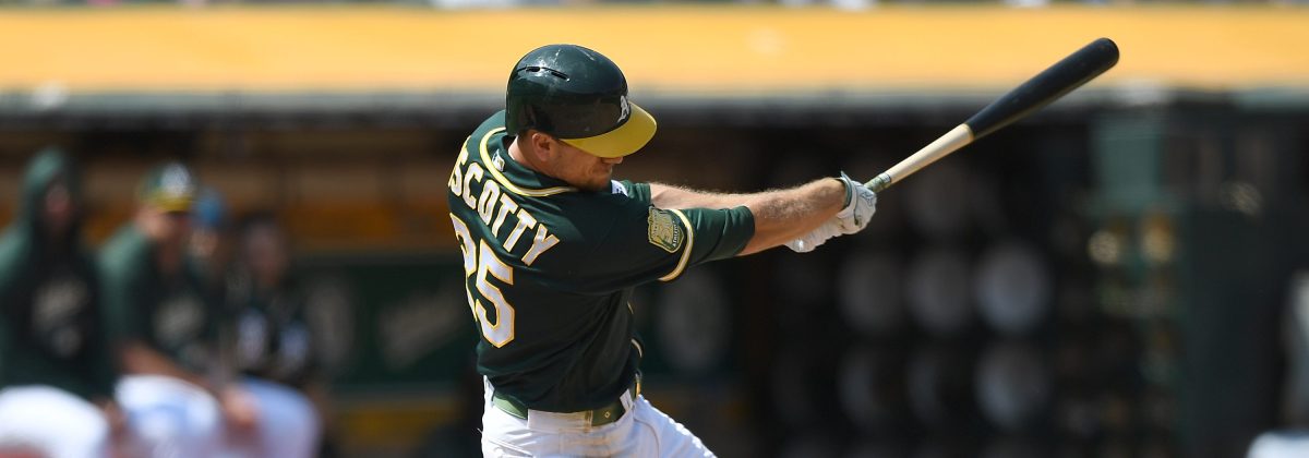 Stephen Piscotty #25 of the Oakland Athletics hits an rbi double scoring Matt Olson #28 against the Houston Astros in the bottom of the six inning at Oakland Alameda Coliseum on August 18, 2018 in Oakland, California.  (Photo by Thearon W. Henderson/Getty Images)