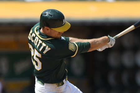Stephen Piscotty #25 of the Oakland Athletics hits an rbi double scoring Matt Olson #28 against the Houston Astros in the bottom of the six inning at Oakland Alameda Coliseum on August 18, 2018 in Oakland, California.  (Photo by Thearon W. Henderson/Getty Images)