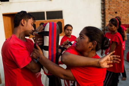Usha, the 26 year old leader of the grassroots Red Brigade, teaches the art of self-defense to other members of the Red Brigade.  (Jonas Gratzer/LightRocket via Getty Images)