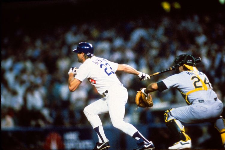 Kirk Gibson #23 of the Los Angeles Dodgers swing and hits a game winning pitch-hit home run in the bottom of the ninth inning of game one against the Oakland Athletics during the 1988 World Series, October 15, 1988 at Dodger Stadium in Los Angeles, California. The Dodgers won the series 4-1. (Focus on Sport/Getty Images)