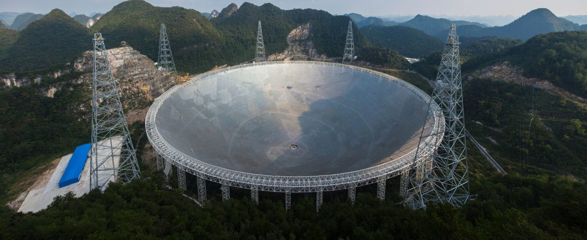 This picture taken on September 24, 2016 shows the Five-hundred-metre Aperture Spherical Radio Telescope (FAST) in Pingtang, in southwestern China's Guizhou province.
(STR/AFP/Getty Images)