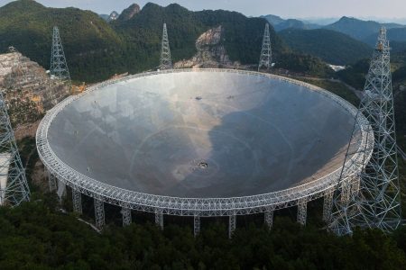 This picture taken on September 24, 2016 shows the Five-hundred-metre Aperture Spherical Radio Telescope (FAST) in Pingtang, in southwestern China's Guizhou province.
(STR/AFP/Getty Images)