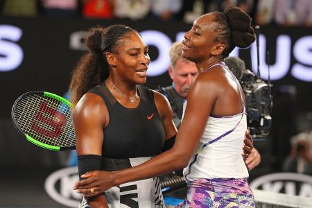 MELBOURNE, AUSTRALIA - JANUARY 28:  Serena Williams of the United States is congratulated by Venus Williams of the United States after winning the Women's Singles Final match against on day 13 of the 2017 Australian Open at Melbourne Park on January 28, 2017 in Melbourne, Australia.  (Photo by Scott Barbour/Getty Images)