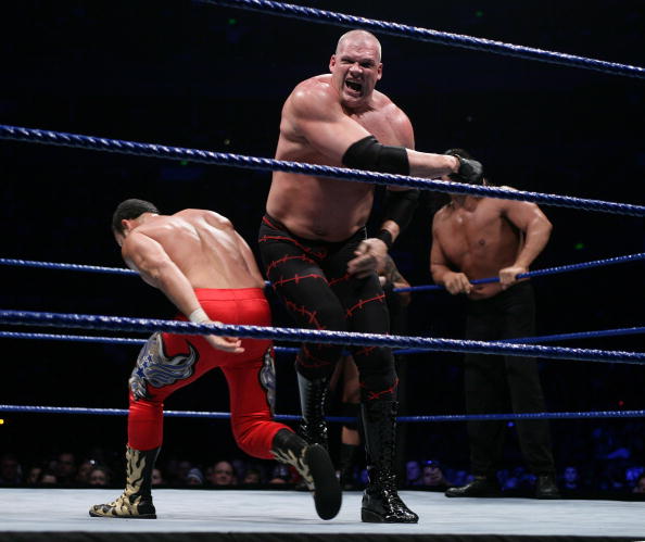 SYDNEY, AUSTRALIA - JUNE 15:  Kane (R) takes on Chavo Guerrero, Jr. during the WWE Smackdown at Acer Arena June 15, 2008 in Sydney, Australia.  (Photo by Don Arnold/WireImage)