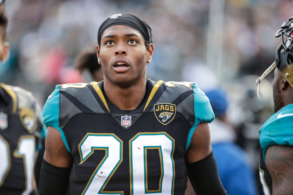 JACKSONVILLE, FL - JANUARY 07: Jacksonville Jaguars cornerback Jalen Ramsey (20) watches a replay of his game-saving interception during the AFC Wild Card game between the Buffalo Bills and the Jacksonville Jaguars on January 7, 2018 at EverBank Field in Jacksonville, Fl. (Photo by David Rosenblum/Icon Sportswire via Getty Images)