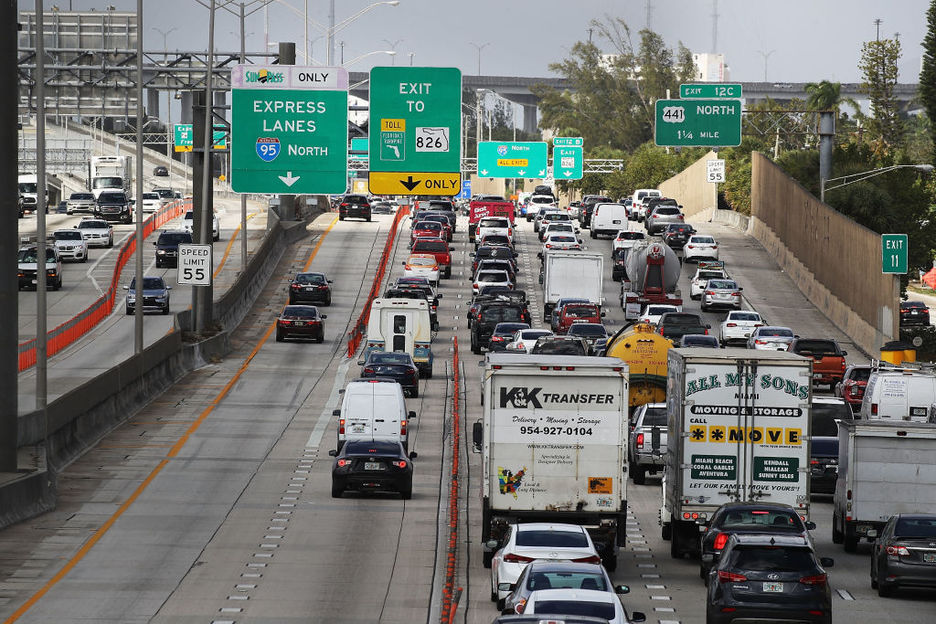 MIAMI, FL - FEBRUARY 12:  Heavy traffic is seen along I-95 on February 12, 2018 in Miami, Florida. President Donald Trump announced his infrastrucure proposal today in which he plans on investing at least $1.5 trillion on new projects, shorten permitting time to two years, invest in rural projects and improve worker training.  (Photo by Joe Raedle/Getty Images)