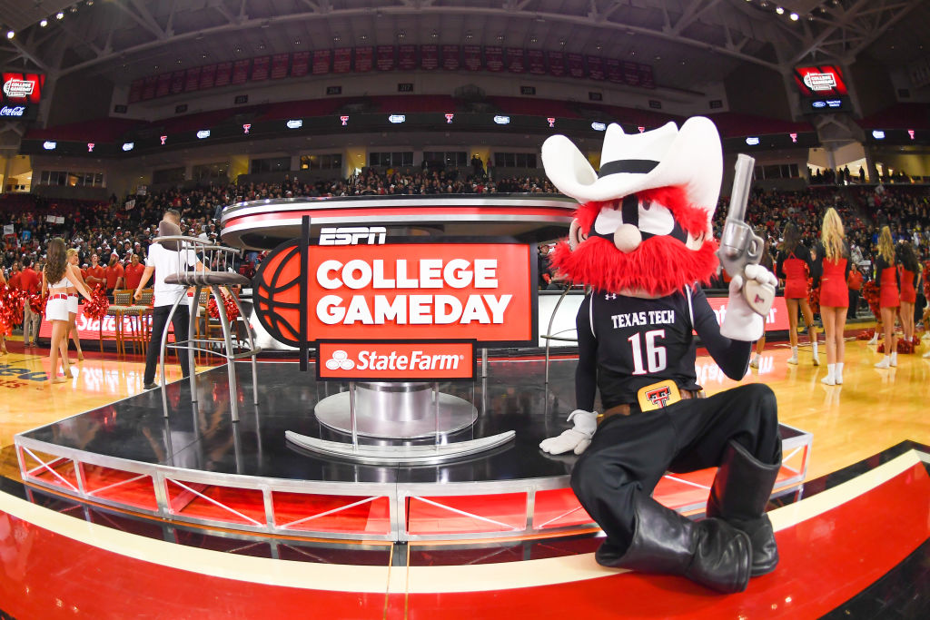 LUBBOCK, TX - FEBRUARY 24: The Texas Tech Red Raiders mascot "Raider Red" poses next to the stage during ESPN's College Game Day prior to the game between the Texas Tech Red Raiders and the Kansas Jayhawks on February 24, 2018 at United Supermarket Arena in Lubbock, Texas. (Photo by John Weast/Getty Images)