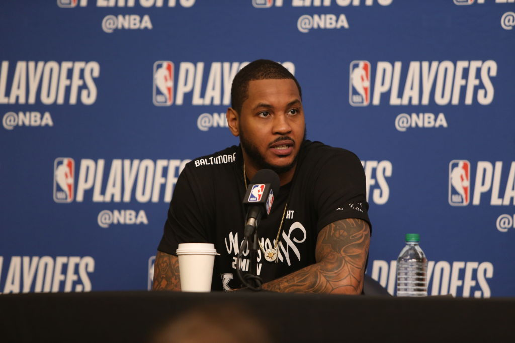 SALT LAKE CITY, UT - APRIL 23:  Carmelo Anthony #7 of the Oklahoma City Thunder speaks with media after the game against the Utah Jazz in Game Four of Round One of the 2018 NBA Playoffs on April 23, 2018 at SmartHome Arena in Salt Lake City, Utah. (Majchrzak/NBAE via Getty Images)