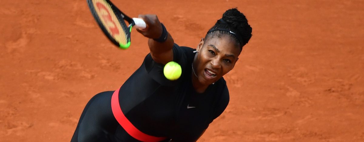 Serena Williams of the USA in action against Kristyna Pliskova (not seen) of Czech Republic during their first round match at the French Open tennis tournament at Roland Garros Stadium in Paris, France on May 29, 2018. (Photo by Mustafa Yalcin/Anadolu Agency/Getty Images)