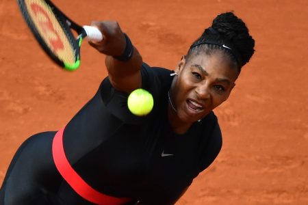 Serena Williams of the USA in action against Kristyna Pliskova (not seen) of Czech Republic during their first round match at the French Open tennis tournament at Roland Garros Stadium in Paris, France on May 29, 2018. (Photo by Mustafa Yalcin/Anadolu Agency/Getty Images)