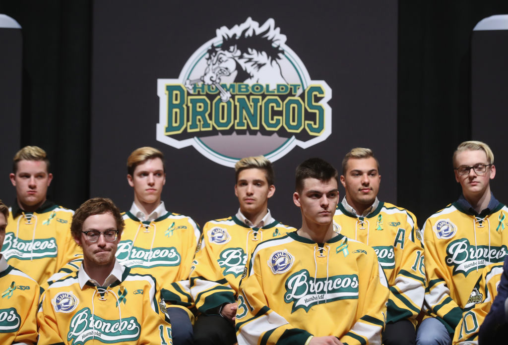 LAS VEGAS, NV - JUNE 19:  Members of the Humboldt Broncos hockey team attend a press conference prior to the 2018 NHL Awards at the Encore Las Vegas on June 19, 2018 in Las Vegas, Nevada.  (Photo by Bruce Bennett/Getty Images)