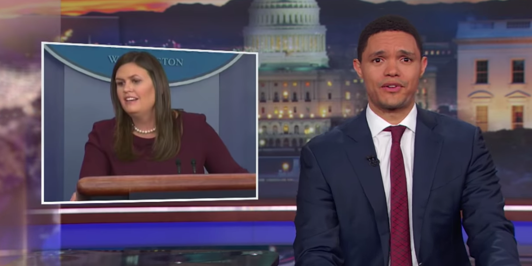 Comedian Trevor Noah reacts to Sarah Sanders' response to questions about the president's use of the n-word. (Comedy Central) 