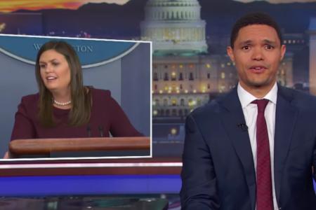 Comedian Trevor Noah reacts to Sarah Sanders' response to questions about the president's use of the n-word. (Comedy Central) 