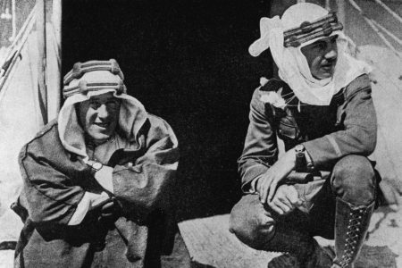 British soldier, adventurer and author Thomas Edward Lawrence (1888 - 1935), better known as Lawrence of Arabia (left), with American Lowell Thomas, one of the first journalists to publicize Lawrence's exploits during the Arab Revolt, circa 1925. (Hulton Archive/Getty Images)