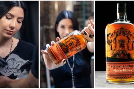 Jess Mascetti and one pf the Bulleit Tattoo Edition bottles she just designed. (Bulleit)