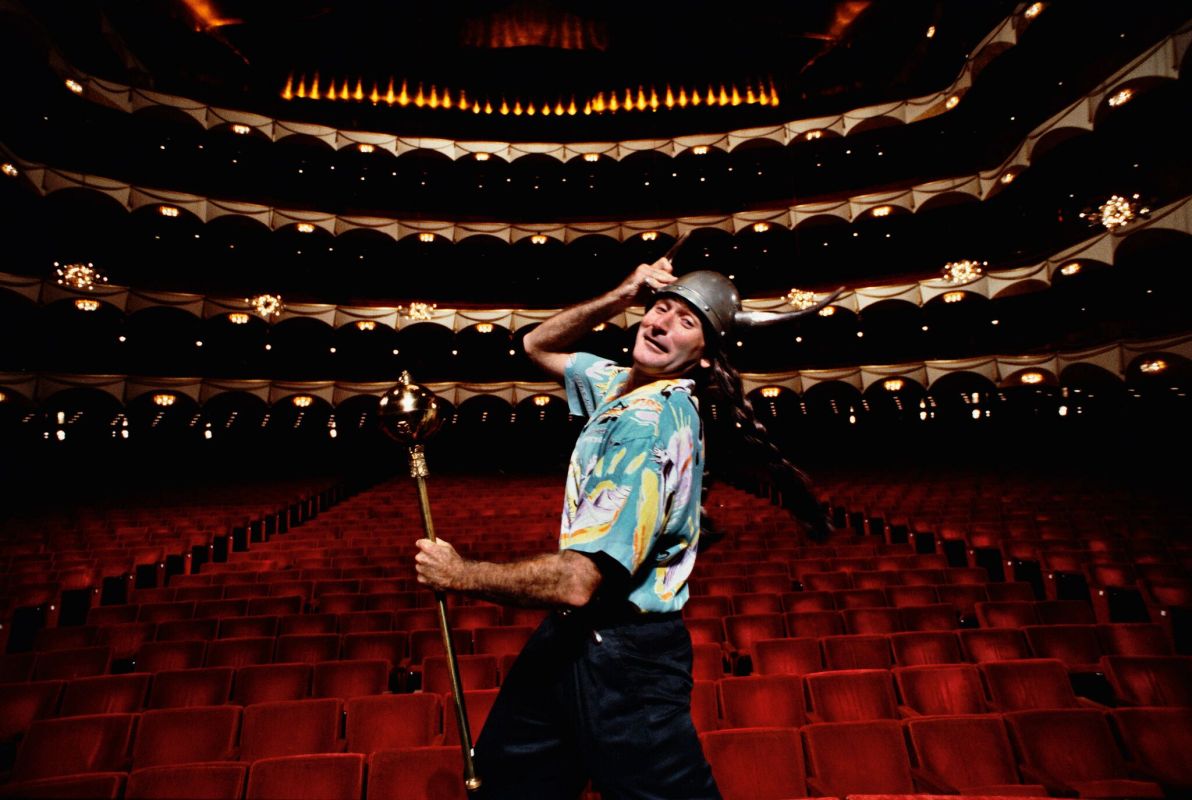 Robin Williams on stage at the Metropolitan Opera House during a publicity shoot, New York, 1986. (Arthur Grace)