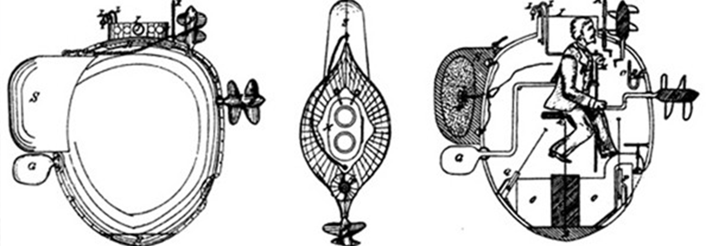 Bushnell's submarine torpedo boat, 1776. Drawing made by Lieutenant Commander F. M. Barber in 1875 from description left by Bushnell (U.S. Navy)