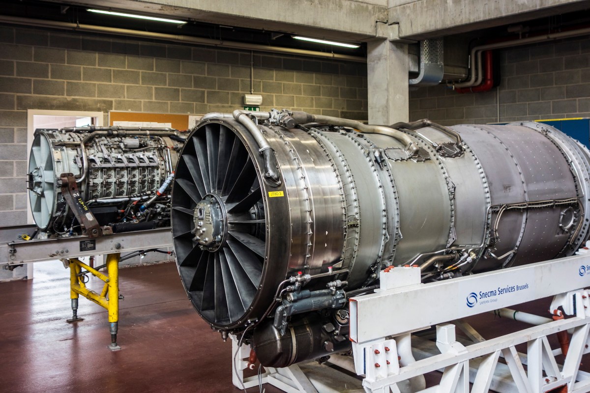 Jet engines for teaching purposes in workshop of the Vlaams Luchtvaartopleidingscentrum / VLOC / Flemish aviation training center in Ostend, Belgium. The company Magnix hopes to soon replace plane engines with an electric motor. (Photo by: Arterra/UIG via Getty Images)