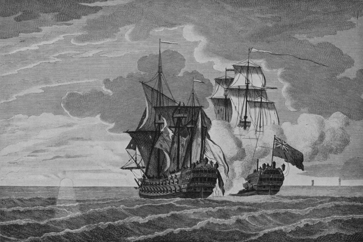 The 'Nottingham' and the 'Mars'' (c1750), from 'Old Naval Prints,' by Charles N Robinson & Geoffrey Holme (The Studio Limited, London), 1924. HMS 'Nottingham' captured the French warship 'Mars,' which was returning to French from the unsuccessful Duc d'Anville expedition to North America, on 11 October 1746. (Photo by Print Collector/Getty Images)