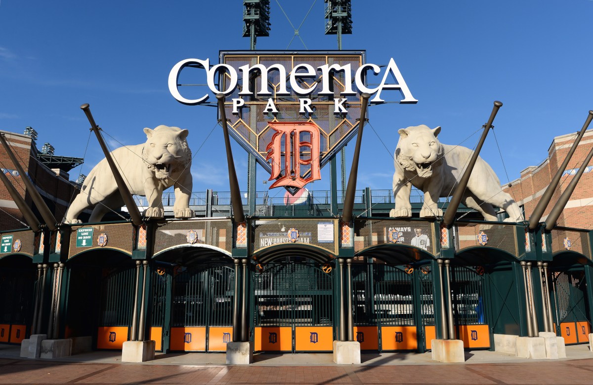 A general exterior view of Comerica Park on November 30, 2015 in Detroit, Michigan. An employee at the ballpark was recently fired for allegedly spitting into food in a video. (Photo by Mark Cunningham/MLB Photos via Getty Images)