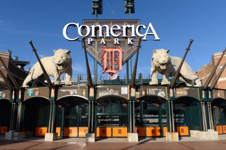 A general exterior view of Comerica Park on November 30, 2015 in Detroit, Michigan. An employee at the ballpark was recently fired for allegedly spitting into food in a video. (Photo by Mark Cunningham/MLB Photos via Getty Images)