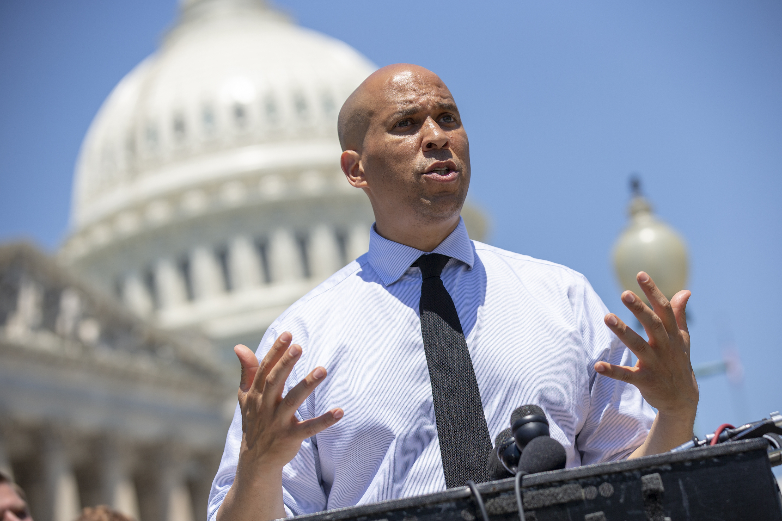 Sen. Cory Booker (D-NJ) speaks during a news conference regarding the separation of immigrant children at the U.S. Capitol on July 10, 2018 in Washington, DC. Booker recently spoke about his potential interest in one day becoming president. (Photo by Alex Edelman/Getty Images)