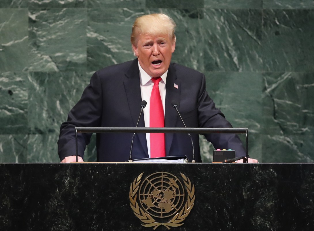 U.S. President Donald Trump addresses the United Nations General Assembly on September 25, 2018 in New York City. The UN crowd laughed at one of Trump's remarks, providing great material for America's late night comedy hosts. (Photo by John Moore/Getty Images)