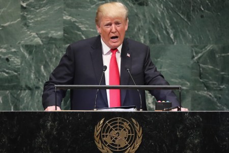 U.S. President Donald Trump addresses the United Nations General Assembly on September 25, 2018 in New York City. The UN crowd laughed at one of Trump's remarks, providing great material for America's late night comedy hosts. (Photo by John Moore/Getty Images)