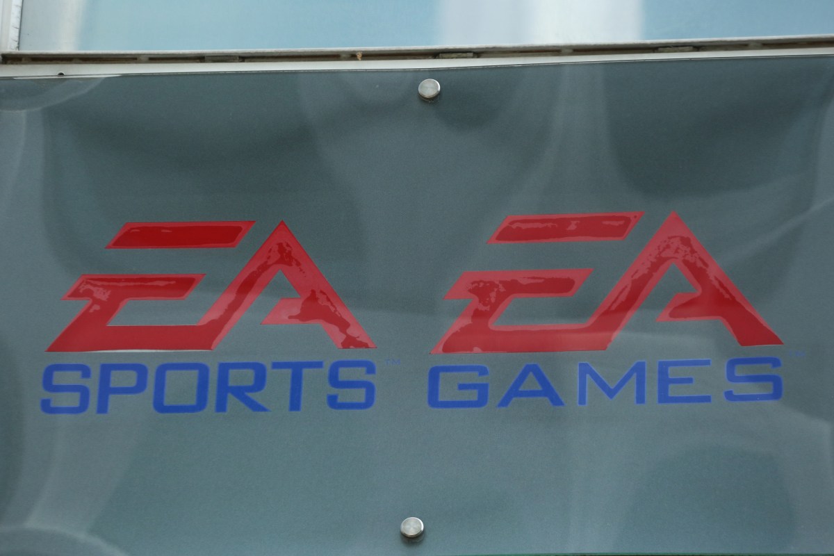 The logo of the American video game company Electronic Arts and its sports game brand EA Sports headquartered in Redwood City, California is seen in the Munich pedestrian zone. EA Sports' Madden game often draws criticism from athletes for its player ratings. (Photo by Alexander Pohl/NurPhoto)