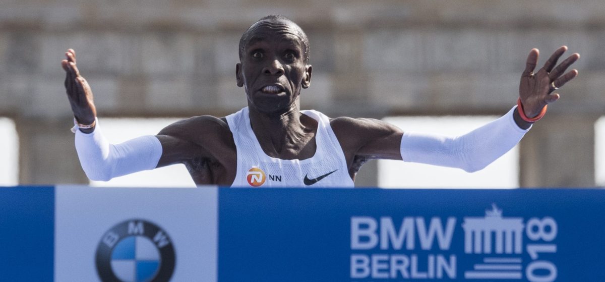 Kenya's Eliud Kipchoge sets a new marathon world record of 2:01.39 on September 16, 2018 in Berlin. (Photo credit: JOHN MACDOUGALL/AFP/Getty Images)
