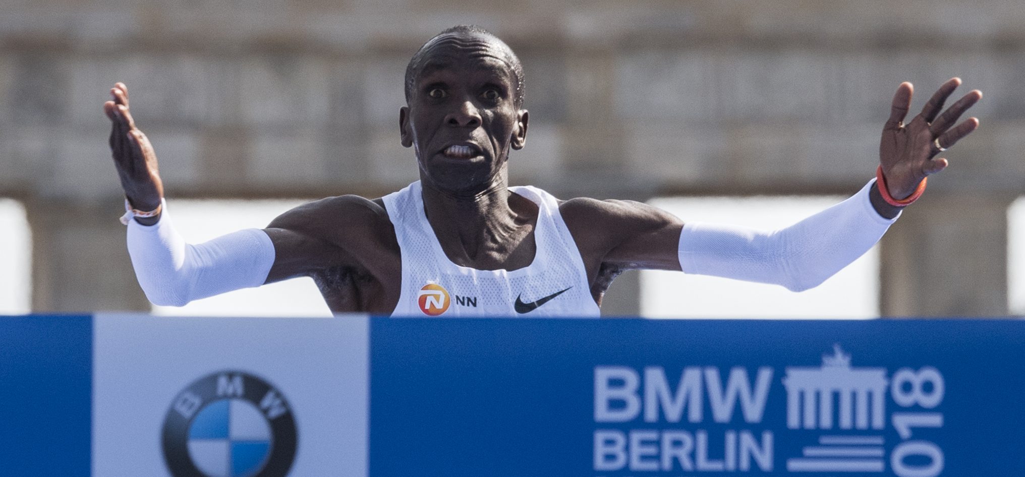 Kenya's Eliud Kipchoge sets a new marathon world record of 2:01.39 on September 16, 2018 in Berlin. (Photo credit: JOHN MACDOUGALL/AFP/Getty Images)