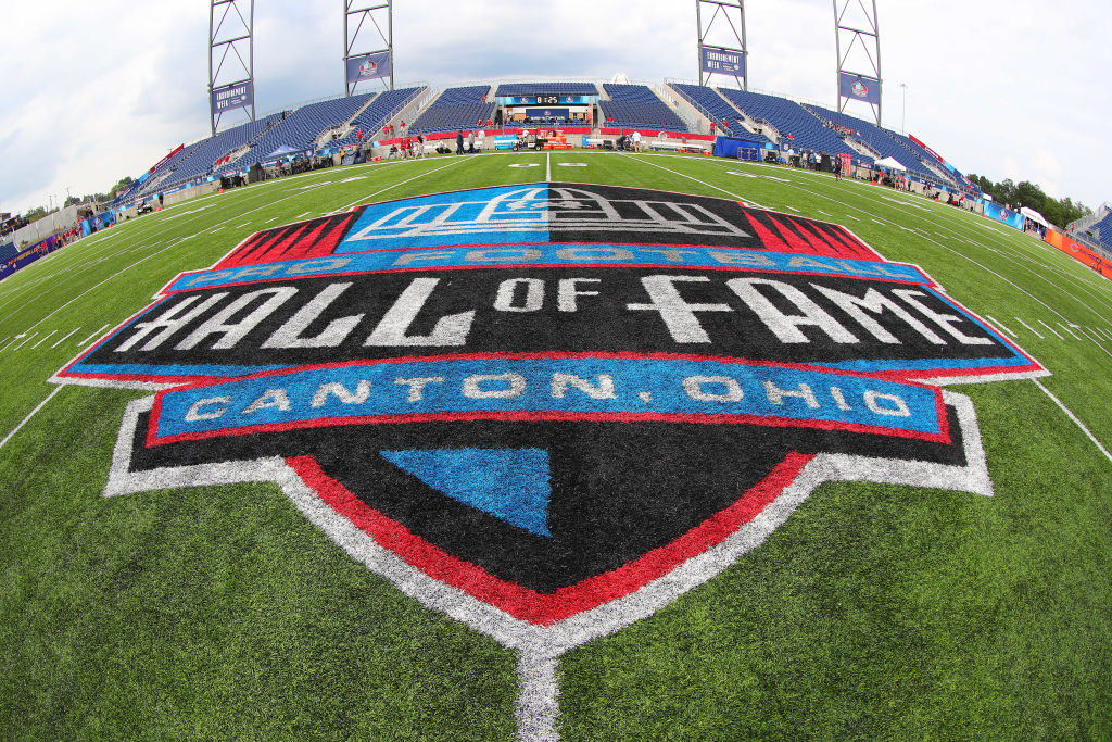 A General view of the Hall of Fame Logo at midfield prior to the National Football League Hall of Fame Game between the Chicago Bears and the Baltimore Ravens on August 2, 2018 at Tom Benson Hall of Fame Stadium in Canton, Ohi0.(Photo by Rich Graessle/Icon Sportswire via Getty Images)