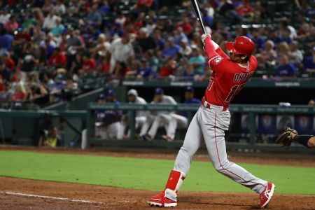 ARLINGTON, TX - SEPTEMBER 05:  Shohei Ohtani #17 of the Los Angeles Angels hits a homerun against the Texas Rangers in the fifth inning at Globe Life Park in Arlington on September 5, 2018 in Arlington, Texas.  (Photo by Ronald Martinez/Getty Images)