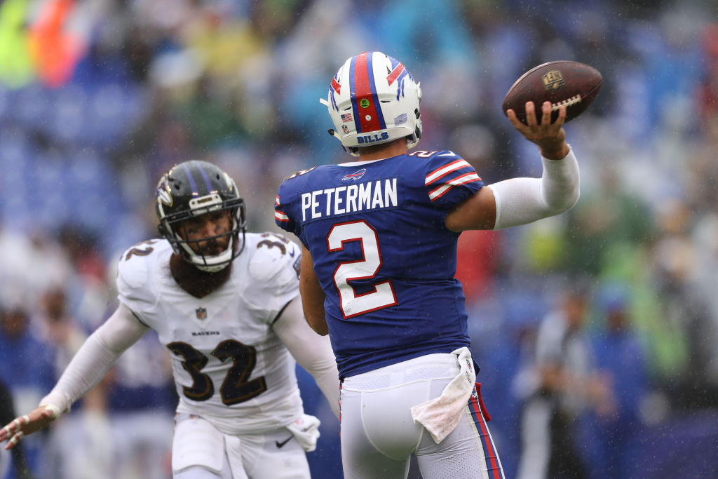 Nathan Peterman #2 of the Buffalo Bills passes in the third quarter against the Baltimore Ravens at M&T Bank Stadium on September 9, 2018 in Baltimore, Maryland. (Photo by Patrick Smith/Getty Images)
