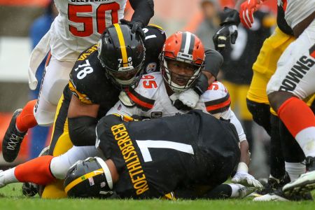 CLEVELAND, OH - SEPTEMBER 09: Pittsburgh Steelers quarterback Ben Roethlisberger (7) is sacked by Cleveland Browns defensive end Myles Garrett (95) who beat Pittsburgh Steelers offensive tackle Alejandro Villanueva (78) on the play during the second quarter of the National Football League game between the Pittsburgh Steelers and Cleveland Browns on September 9, 2018, at FirstEnergy Stadium in Cleveland, OH. (Photo by Frank Jansky/Icon Sportswire via Getty Images)