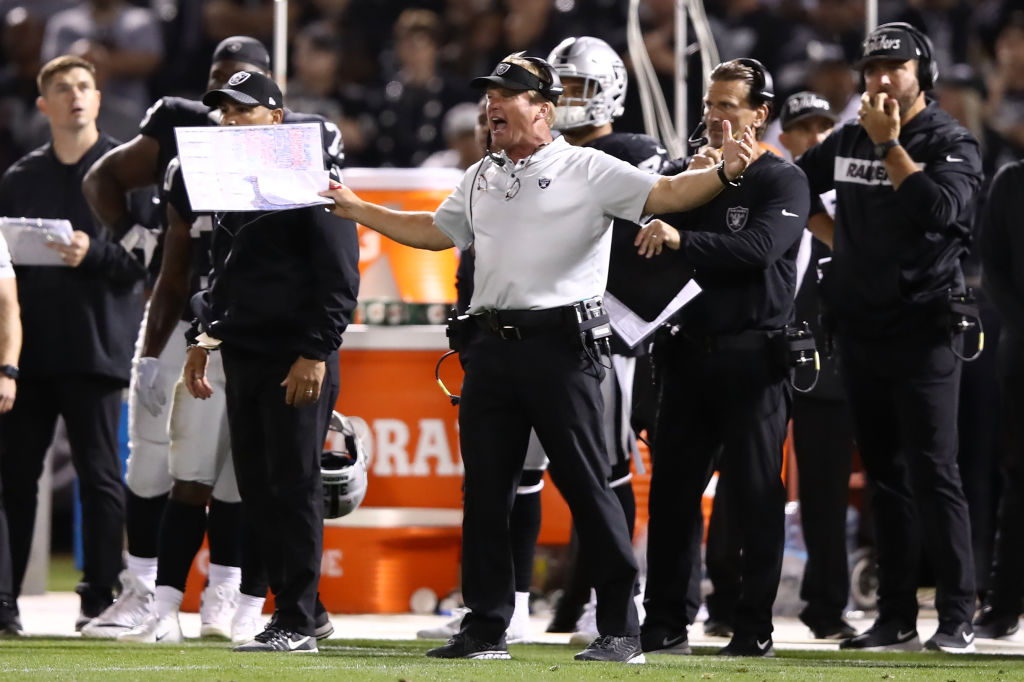 OAKLAND, CA - SEPTEMBER 10:  Head coach Jon Gruden of the Oakland Raiders reacts to a play against the Los Angeles Rams during their NFL game at Oakland-Alameda County Coliseum on September 10, 2018 in Oakland, California.  (Photo by Ezra Shaw/Getty Images)